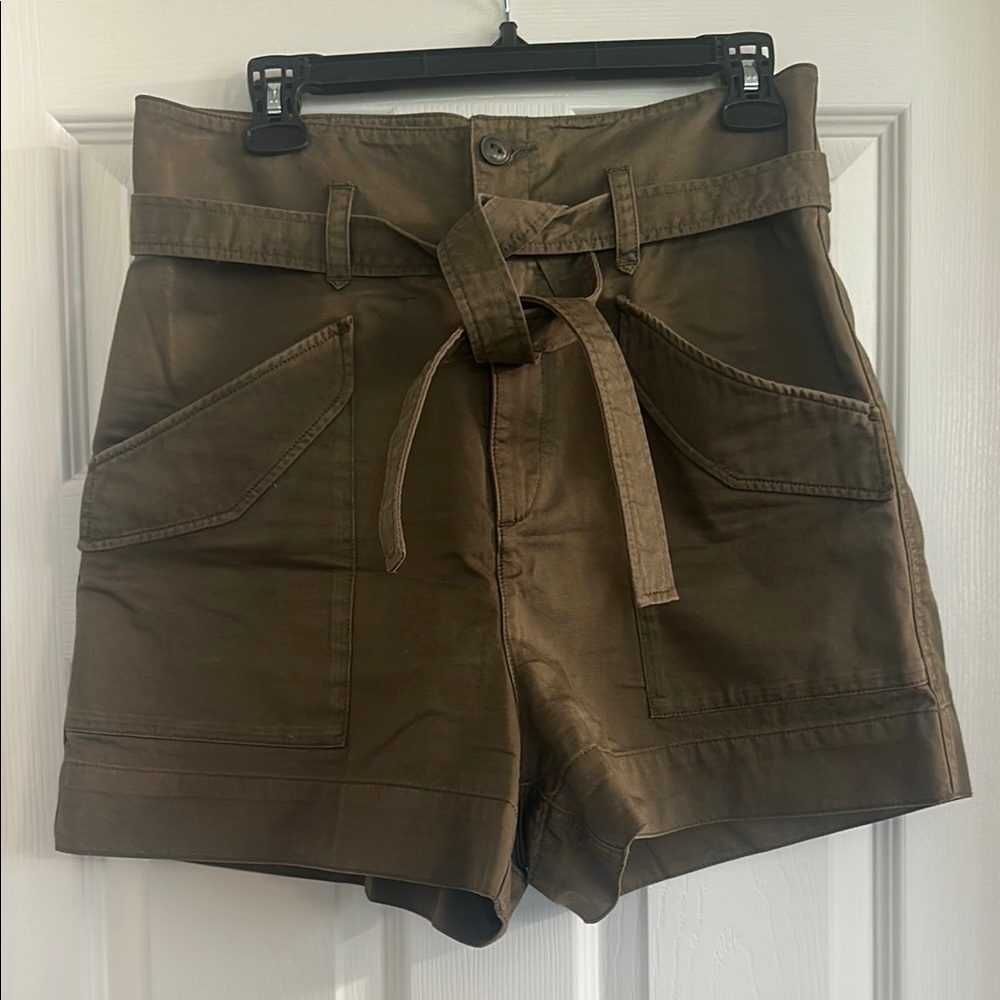 Rag & Bone High-Rise Olive Utility Paperbag Shorts with Tie Belt